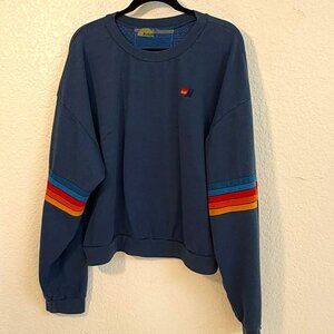 Aviator Nation Rainbow Stitch Relaxed Crew Sweatshirt in Deep Ocean - Size XL
